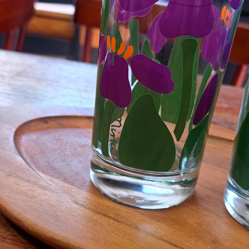 Vintage 1983 Nina Greenhouse Collection Floral Glasses Set of 2 Iris Bluebells